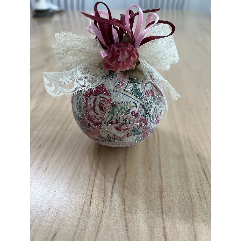 Handmade Vintage Christmas Ornament Purple Glitter Lace Floral Bow Victorian